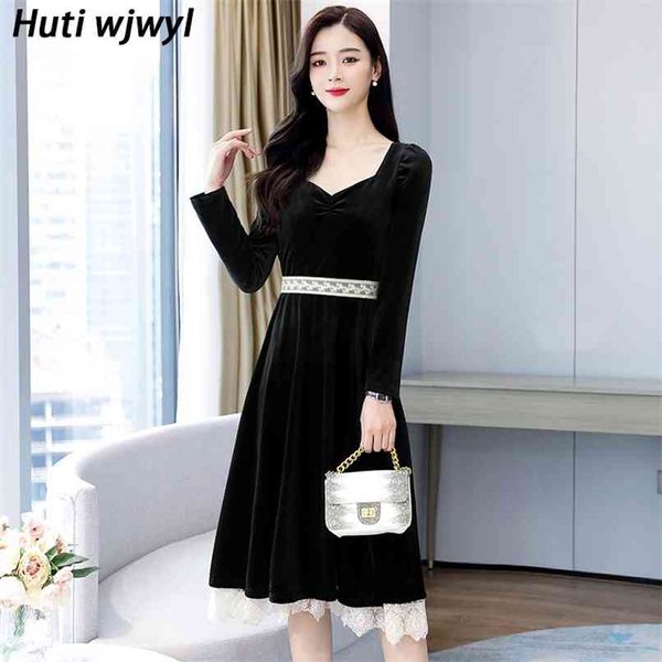 

black hepburn square collar dress 3xl plus size spring autumn vintage women midi elegant party casual vestidos 210528, Black;gray