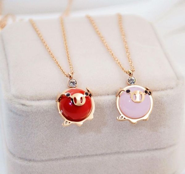 

pendant necklaces fashion stainless steel cute pink red crystal pig necklace girl gift, gold color animal for women jewelry, Silver