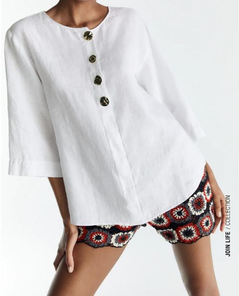 

women's blouses & shirts meriahzheng 2021 summer wear style white round-neck loose-fitting casual button-down linen shirt pyl