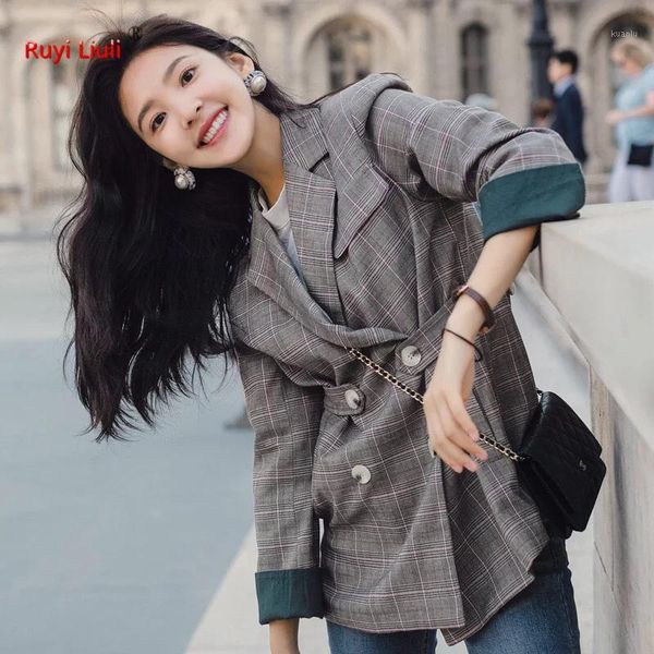 

women's jackets spring and autumn style show wisdom star with web celebrity check suit jacket korean version of small trend, Black;brown