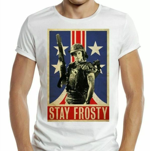 

Aliens T-shirt Movie White 80s Film MARINES STAY FROSTY Space Planet Retro Tee, White;black