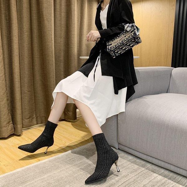 

boots thin heel knitting tube short autumn shoes woman knit elastic socks stretch fabric ankle for women high heels, Black