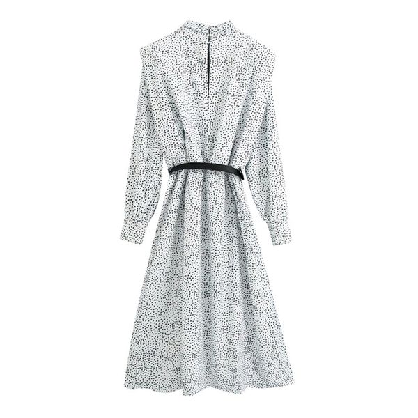 

women chic fashion with belt polka dot pleated dress vintage female high neck elastic waist dresses 210531, Black;gray