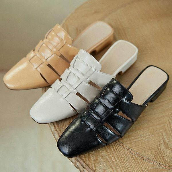 

slippers rome style square toe women mules spring summer sling-back pumps genuine leather classic working basic shoes woman, Black