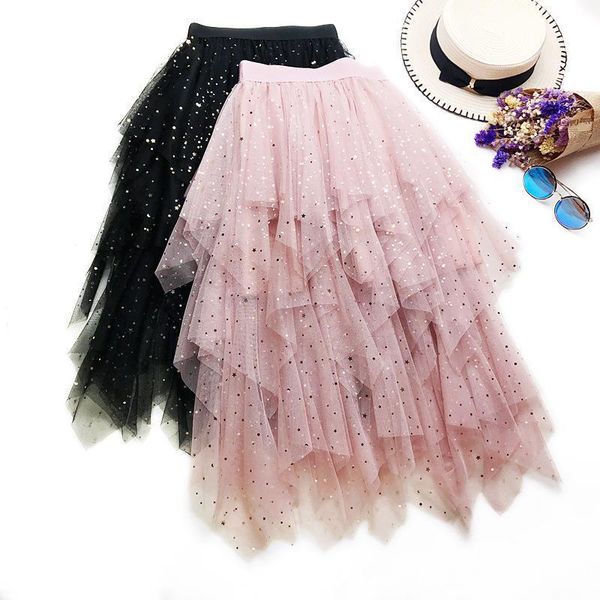 

skirts 2021 summer arrival layer skirt sequins star faldas largas elegantes fluffy irregular 3 colors available, Black