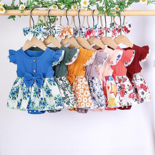 

girl's dresses born infant boho summer dress baby girl button cotton linen bow floral romper mini a-line jumpsuit vetement bebes fille, Red;yellow