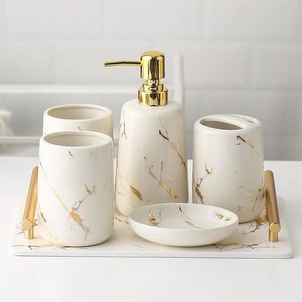 

bath accessory set 5pcs fashion marble bathroom household wash brush cup, liquid soap dispensers, dishes