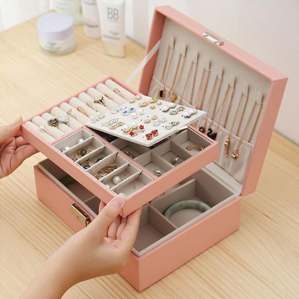 

Jewelry Pouches, Bags Large Capacity Leather Box Travel Storage Multi-Function Necklace Earring Ring Gift, Pink;blue