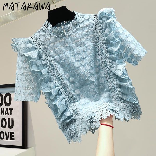 

matakawa hollow crocheted ruffles lace blusas summer slim fashion women shirts blouses wave point retro short-sleeved 210513, White