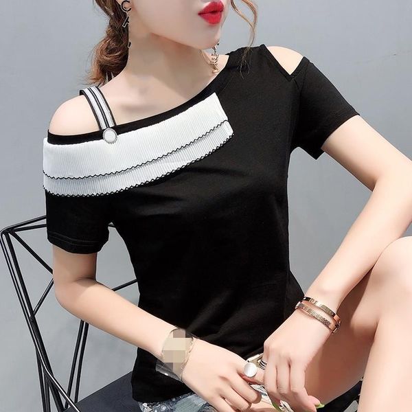 

korean slash neck women t shirt patchwork short sleeve clothes streetwear polyester camiseta mujer black t96513, White