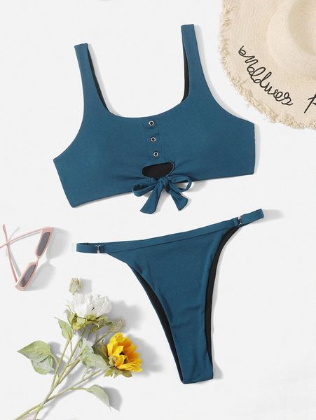 

plus knot hem thong bikini swimsuit 33of#, Black