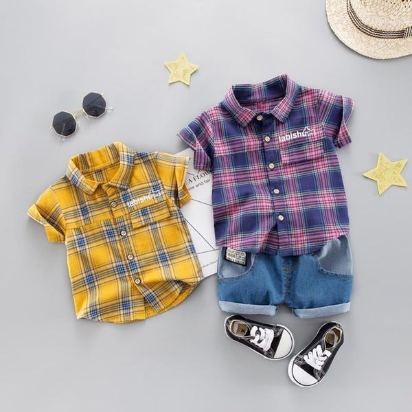 

multicolor summer boy shirt set plaid print blouse shirt+shorts children casual short sleeve outfits sets1, White