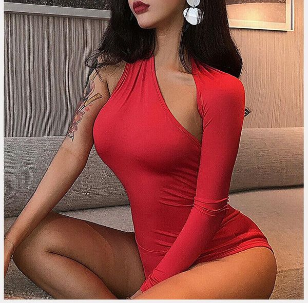 

women's jumpsuits & rompers women one shoulder long sleeve bodysuit female slim solid tight casual bodysuits streetwear outfits 3 color, Black;white