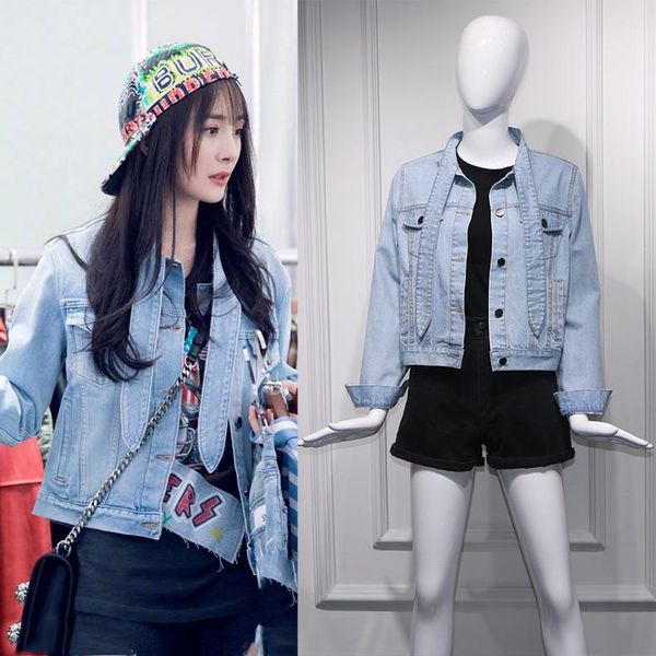 

women's two piece pants set 2021 autumn washed light blue short denim jacket+patch printed t-shirt+short chinese actress clothing femin, White