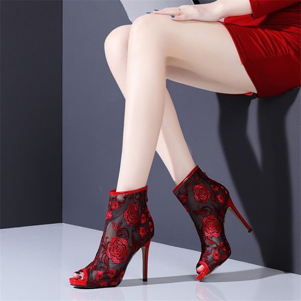 

norberg summer ankle boots for women handmade luxury designer high heels perforated embroider net boots woman mesh booties shoes 210507, Black