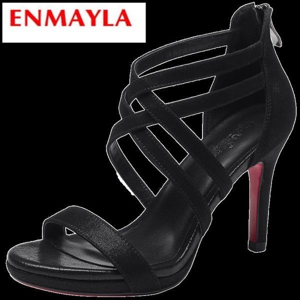

summer genuine leather basic women sandals 2021 hing heel dress zip shoes size 34-39 ly1017, Black