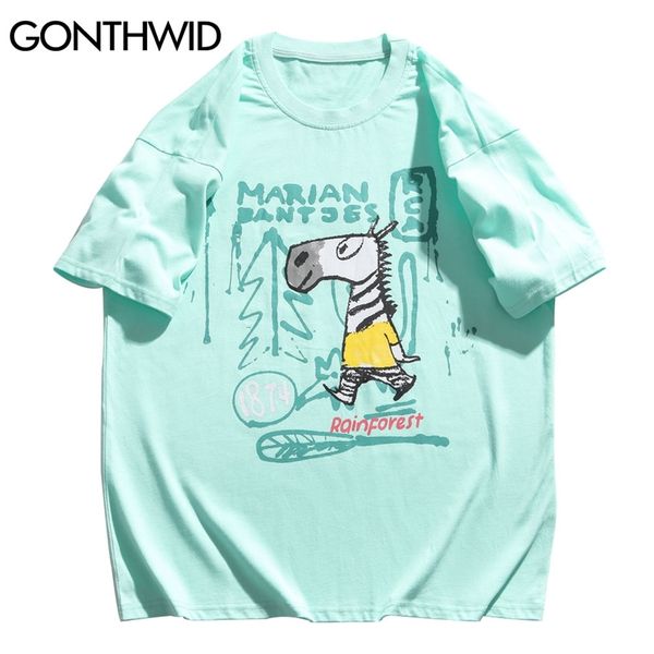 

t-shirts graffiti cartoon zebra print tees shirts streetwear hip hop casual short sleeve tshirts men cotton 210602, White;black