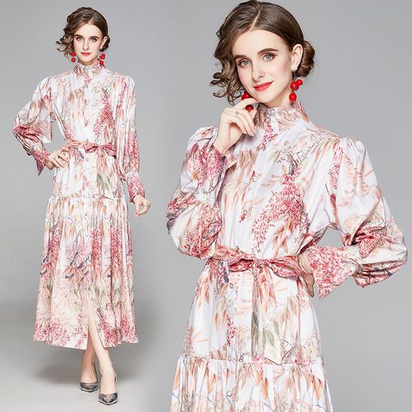 

spring summer womens long dresses stand-up collar lantern sleeve vintage dress woman clothes casual, Black;gray