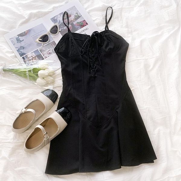 

casual dresses summer lace up waist slim straps dress women, Black;gray