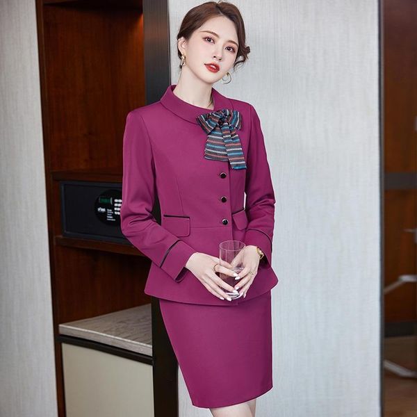 

two piece dress 2022 fashion women blazer suits skirt and jacket sets ladies work wear business office uniform styles, White