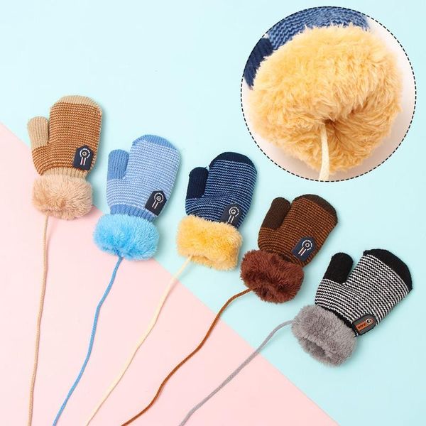 

children's mittens 1-4 year old children cute knit plus velvet padded gloves cartoon kindergarten baby toddler full finger warm nice, White