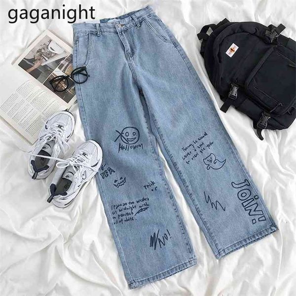 

korean simple cute graffiti blue jeans slim high waist loose women casual straight pants pocket zipper spring 210601
