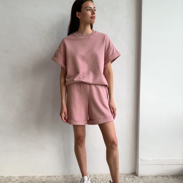 

pink cotton sets women casual two pieces short sleeve t shirts and high waist short pants solid outfits tracksuit, White
