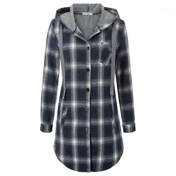 

women's blouses & shirts casual grid pattern long sleeve curved hem hooded coat fixed hood with drawstring made of thick fabric, White