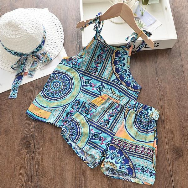 

clothing sets 2021 summer girls' printed children cute sober suspender shorts cool hat three-piece set, White