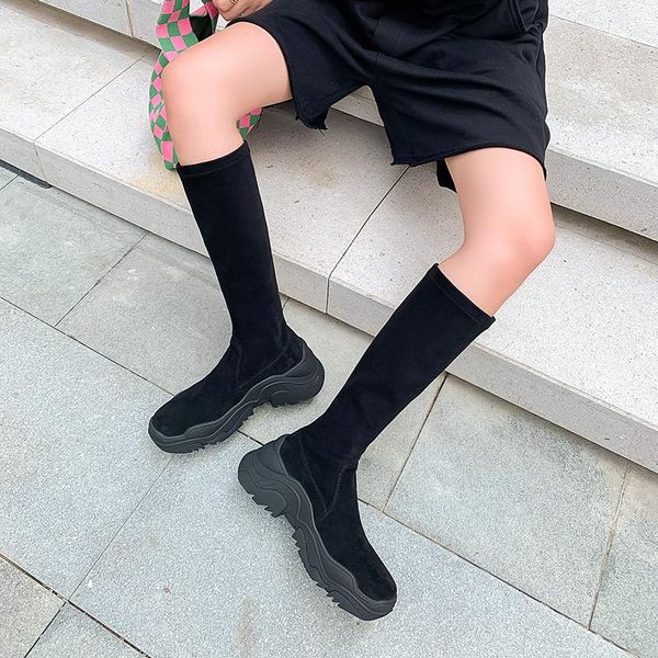 

boots women's mid-calf modern fahion platform woman shoes slip on causal stretch fabric ladies bombas round toe botas, Black