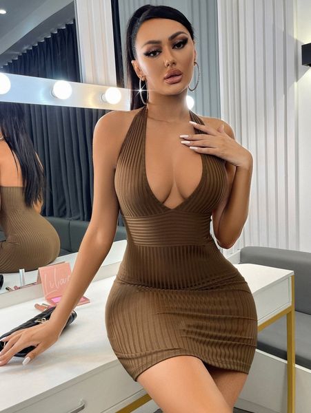 

sxy ribbed knit backless halter bodycon dress f3dm#, Black;gray