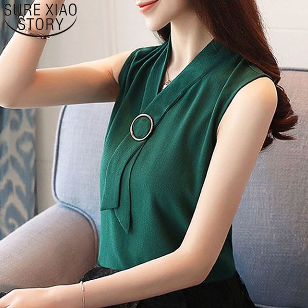 

summer women and blouse sleeveless elegant chiffon solid fashion ladies vest korean female clothing shirt 0234 40 210415, White