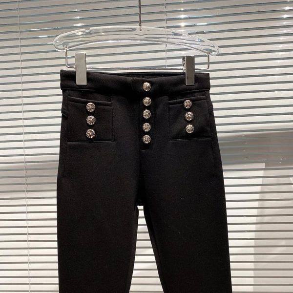 

three-row silver buckle stretch high waist plus velvet composite fabric pants women 1122 women's & capris, Black;white