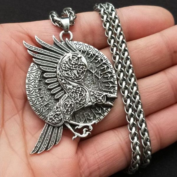 

pendant necklaces amulet raven crow necklace viking rune algiz protection pendants bird jewelry talisman, Silver