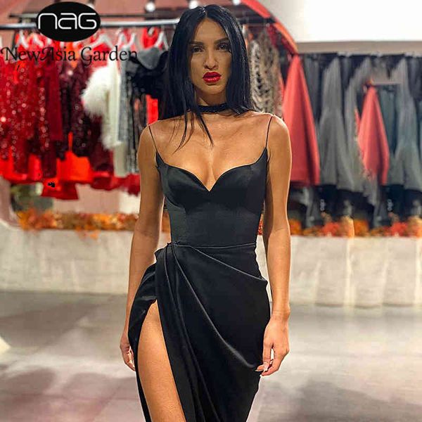 

newaisa strapped split long dress women peach collar sleeveless elegant party dress summer dresses club clothes outfits 210413, Black;gray