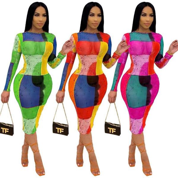 

casual dresses multicolor digital printing women knee-length dress fashion o-neck long sleeve bodycon clubwear lady's mesh 2021 summer, Black;gray