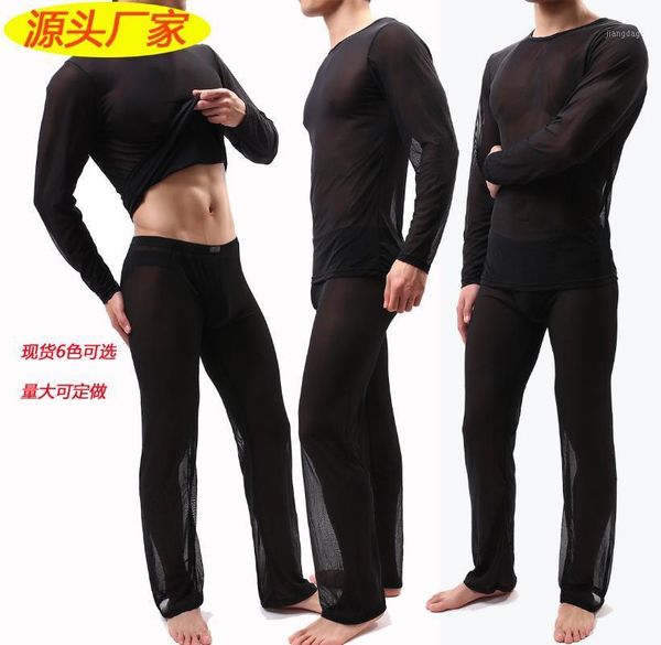 

thin transparent men underwear pajamas sleepwear long sleevess pyjamas mesh comfortable set men's, Black;brown