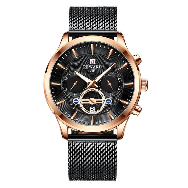 

reward watches rd82008m men quartz wristwatch chronograph alloy waterproof watch milanese mesh steel belt wristwatch relogio masculino qutu, Slivery;brown