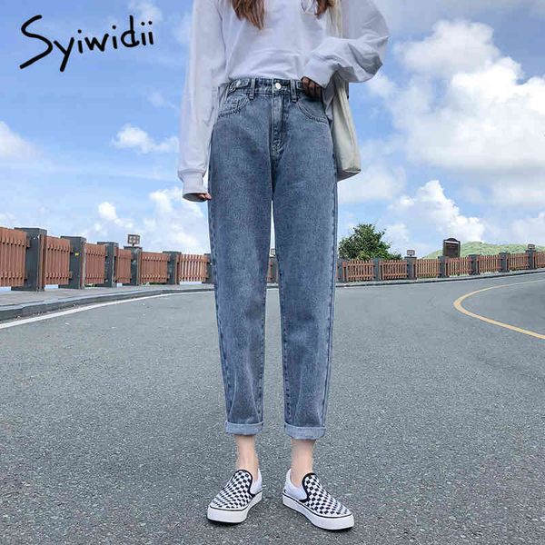 

syiwidii high waist jeans woman plus size denim pants lace up washed loose coated harem pants casual mom jeans women gray 210417, Blue