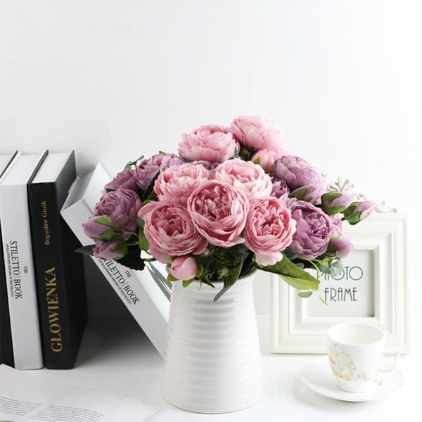 

decorative flowers & wreaths 30cm silk rose artificial bouquet 5 big head 4 bud peony dry fake flower branch for home wedding decor