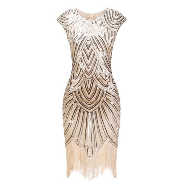 

1920s flapper dress great women dresses gatsby o neck cap sleeve sequin fringe party midi vestido de verano, Black;gray