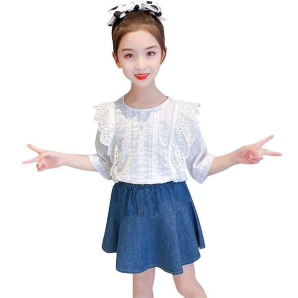 

clothes for girls lace tshirt + skirt summer girl set casual style childrens clothing 6 8 10 12 14 210528, White