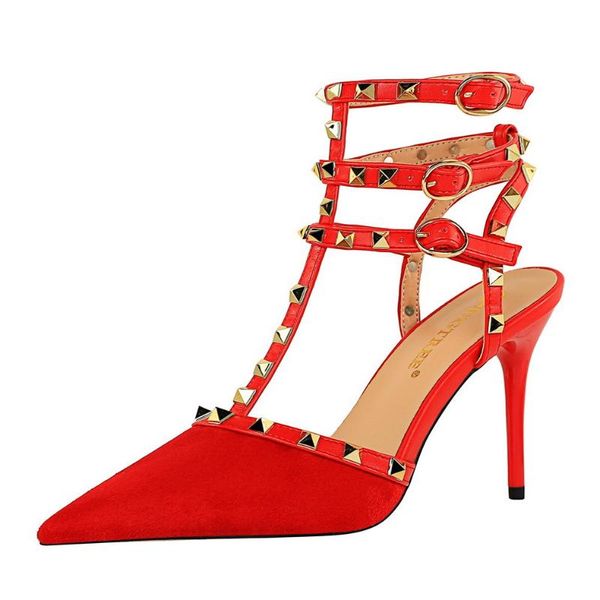 

sandals summer women's european and american roman style nightclub stiletto suede pointed toe hollow metal rivet, Black