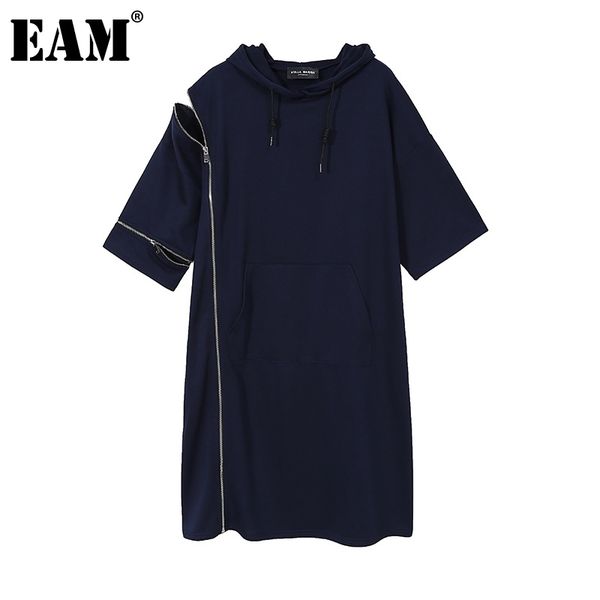 

[eam] women blue zipper hollow out big size dress hooded half sleeve loose fit fashion spring autumn 1dd5936 210512, Black;gray