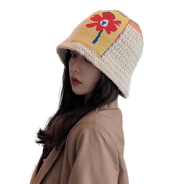 

wide brim hats 2021 winter for women patch floral woolen bucket hat outdoor female warm dome knitting cap ladies, Blue;gray