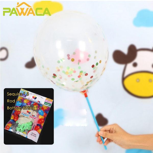 

party decoration 5pcs 12 inch transparent confetti balloons with stick set sequin paper /foam latex air balloon decorate wedding ballon
