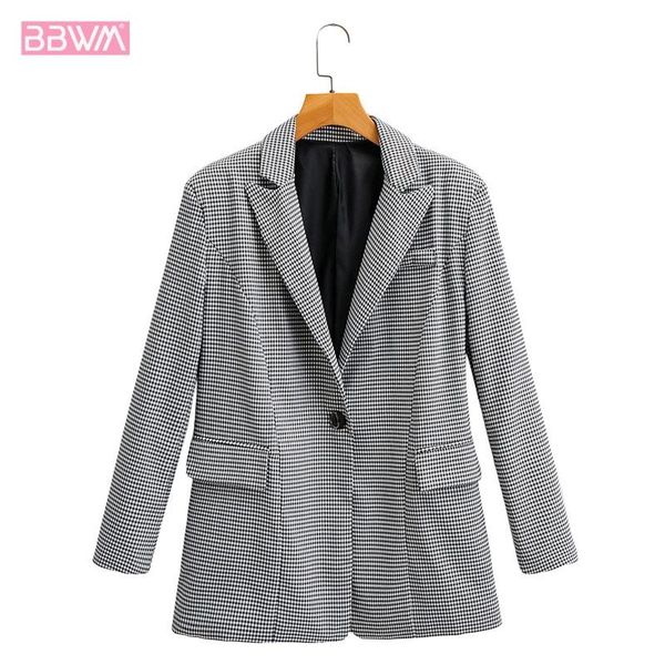 

one button black and white plaid lapel long-sleeved chic women's jacket retro check all-match female coat suits & blazers, White;black