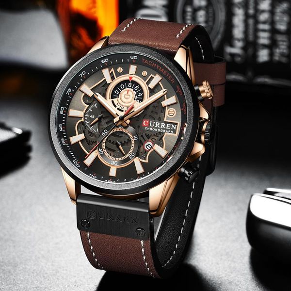 

wristwatches curren fashion male watches strap sport chronograph wristwatch creative design multifunctional quartz clock relogio masculino, Slivery;brown