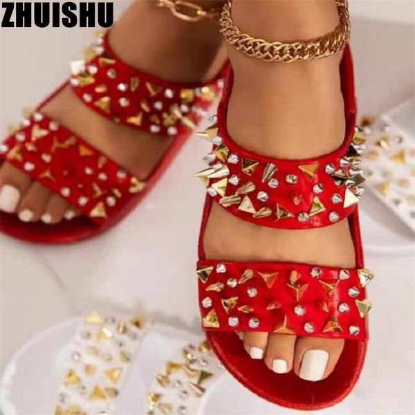 

rivet women slippers summer outdoor pu leather open toe platform shoes fashion non-slip soft light flats slides, Black