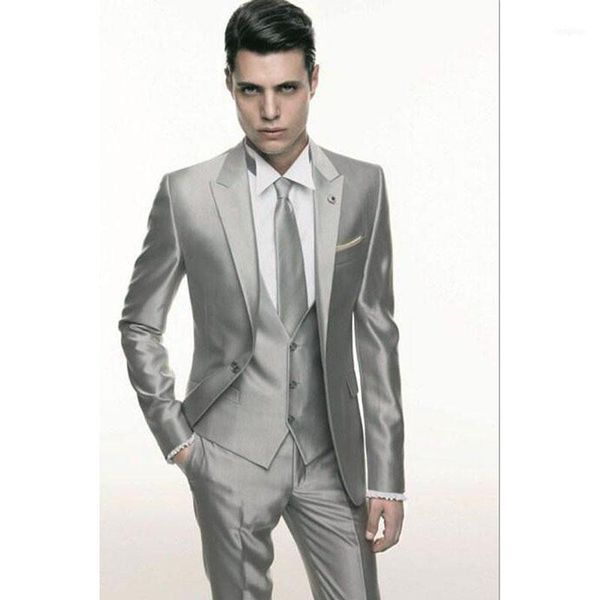 Gümüş Gri Düğün Erkekler Takım Elbise Örgün Sıska Terno Masculino Erkek Blazer Parti Özel Smokin 3 Parça Vestidos Mens Suits1